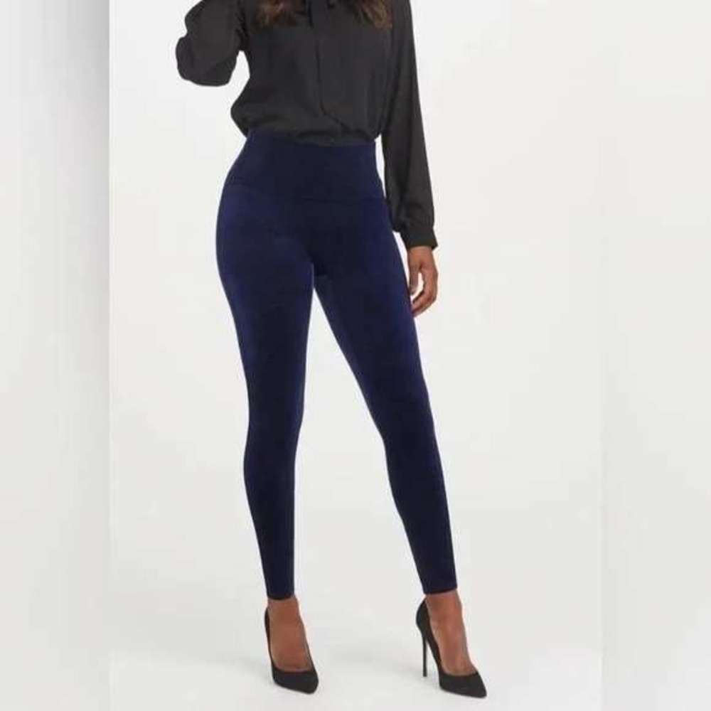 Spanx Velvet Leggings Women M Medium Navy Blue High Rise Slimming Luxe Stretch